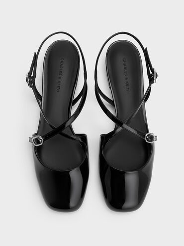 Patent Crossover Buckled Slingback Flats, Black Patent, hi-res