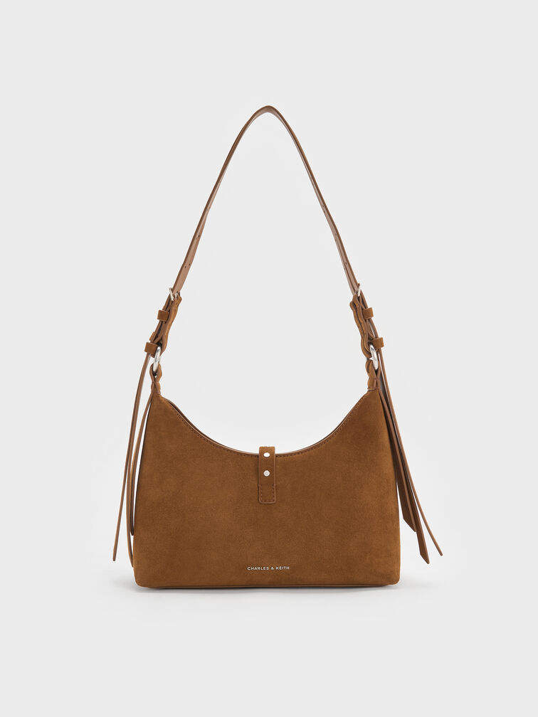 شنطة كتف لارك معاد تدويرها من شامواه بحزام, بني محمر, hi-res