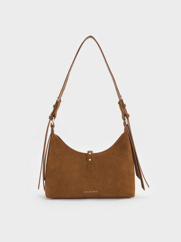 شنطة كتف لارك معاد تدويرها من شامواه بحزام, بني محمر, hi-res