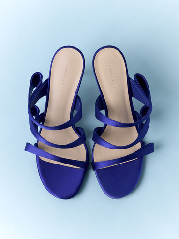كعب ستيليتو ساتان بثلاثة أحزمة مطوية, أزرق, hi-res
