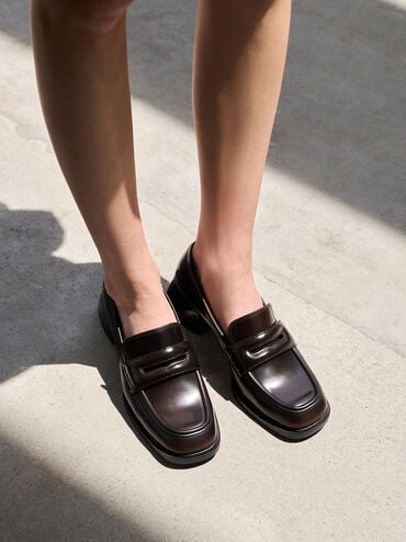 حذاء بامبس بيني لوفرز بكعب مائل, بنى, hi-res