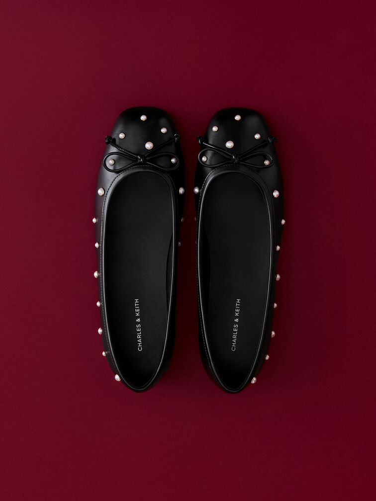 Barbara Pearl-Embellished Bow Ballet Flats, Black, hi-res