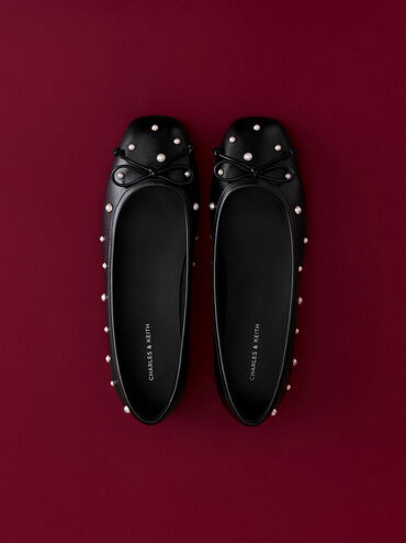Barbara Pearl-Embellished Bow Ballet Flats, Black, hi-res