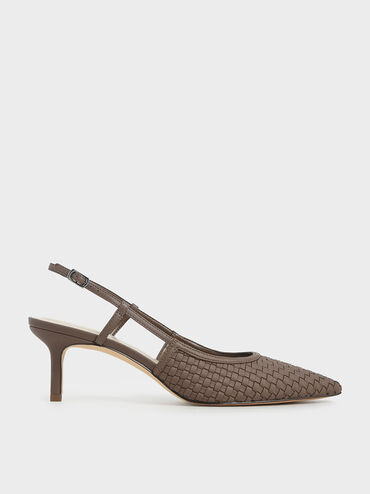 Woven Slingback Pumps, Brown, hi-res