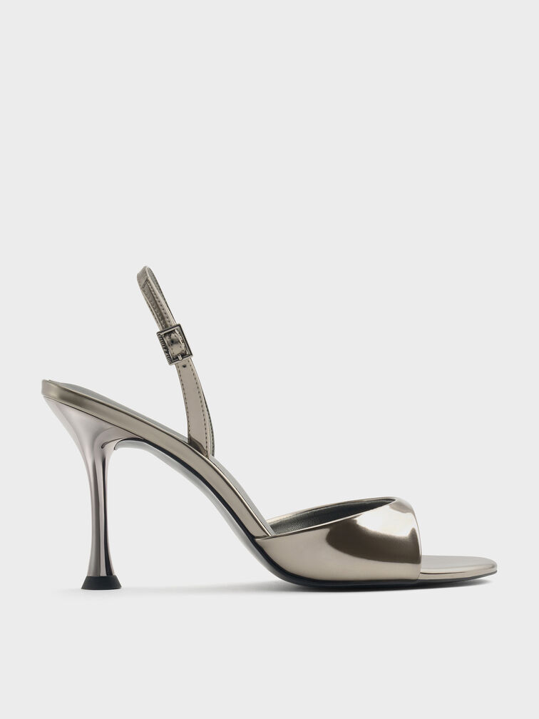 Metallic Sculptural-Heel Slingback Sandals, Pewter, hi-res