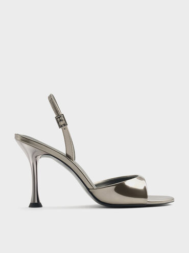 Metallic Sculptural-Heel Slingback Sandals, Pewter, hi-res