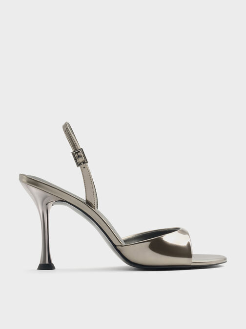 Metallic Sculptural-Heel Slingback Sandals, Pewter, hi-res