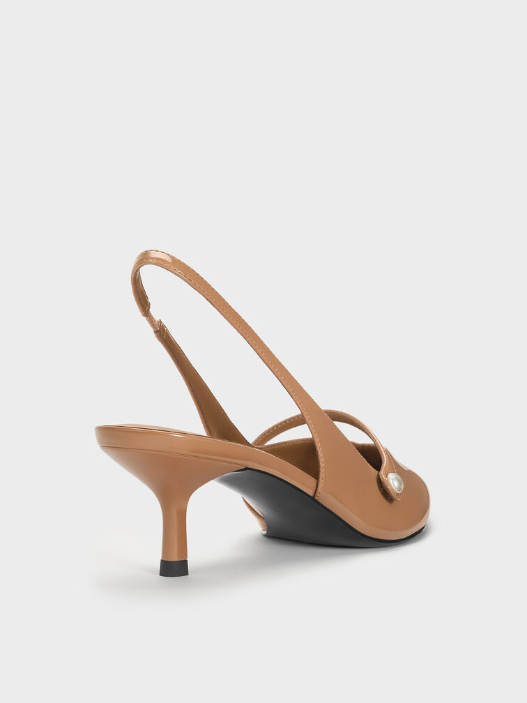 Helena Patent Pearl-Buckle Slingback Kitten Heels, Caramel, hi-res