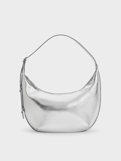 Bryna Metallic Curved Hobo Bag, Silver, hi-res