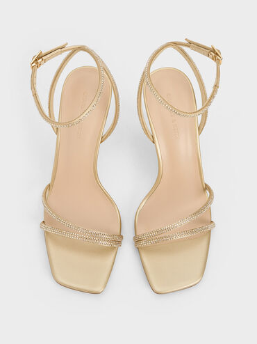 Satin Crystal-Embellished Stiletto-Heel Sandals, Gold, hi-res