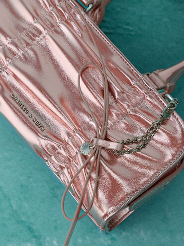 Kadee Metallic Ruched Bow-Charm Bowling Bag, Aura Pink, hi-res
