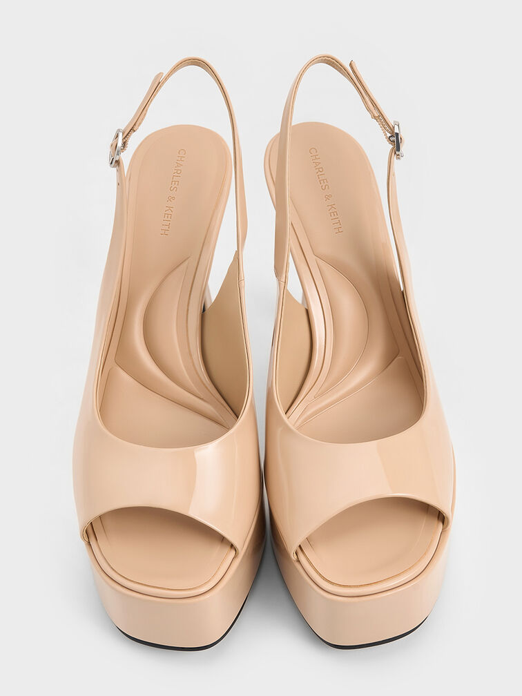 Patent Peep-Toe Stiletto-Heel Platform Sandals, Nude, hi-res