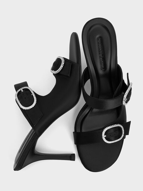 Recycled Polyester Crystal-Buckle Heeled Mules, Black Textured, hi-res