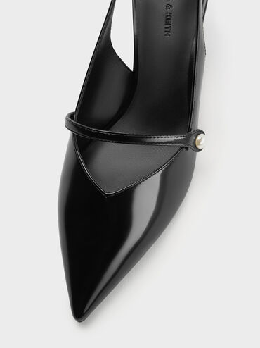 Helena Pearl-Buckle Slingback Kitten Heels, Black Boxed, hi-res