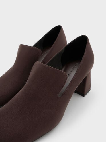 Faux Suede Square-Toe Block-Heel Loafer Pumps, Dark Brown Textured, hi-res