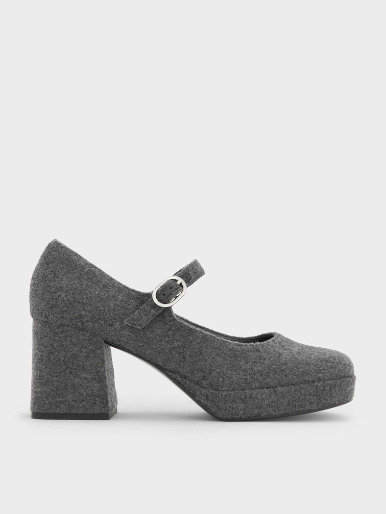 Felt Platform Mary Jane Pumps, Grey, hi-res