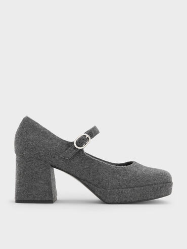 Felt Platform Mary Jane Pumps, Grey, hi-res