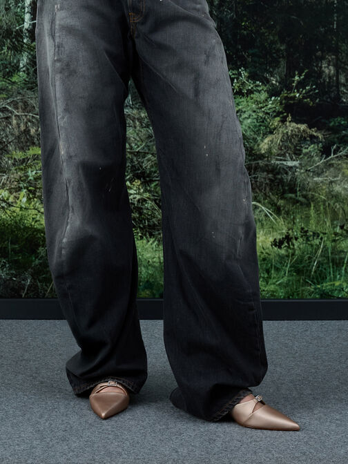 Crystal-Buckle Pointed-Toe Kitten-Heel Mules, Nude, hi-res