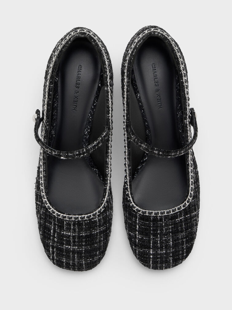 حذاء ماري جين بكعب عريض وسلسلة مجدولة وتويد, أسود خشن, hi-res