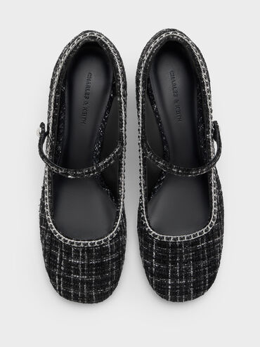 حذاء ماري جين بكعب عريض وسلسلة مجدولة وتويد, أسود خشن, hi-res