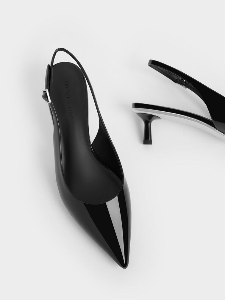 Curtis Patent Pointed-Toe Kitten-Heel Slingback Pumps, Black Patent, hi-res