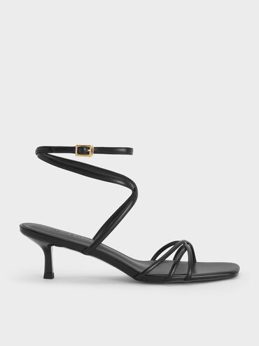 صندل بكعب صغير وأشرطة ومقدمة مربعة, أسود, hi-res