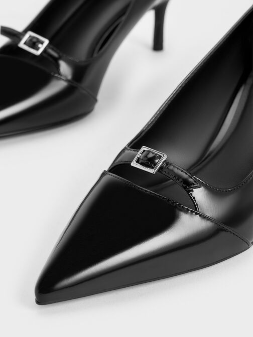 Buckle-Strap Pointed-Toe Pumps, Black Boxed, hi-res