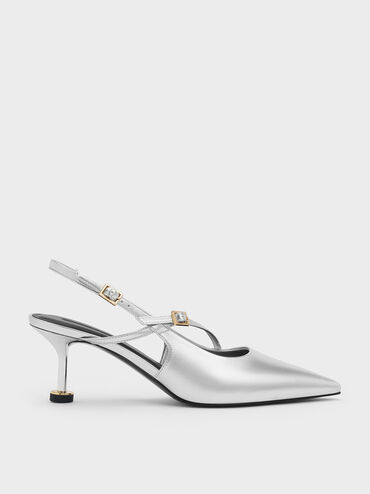 Wynn Metallic Buckled Sculptural-Heel Slingback Pumps, Silver, hi-res