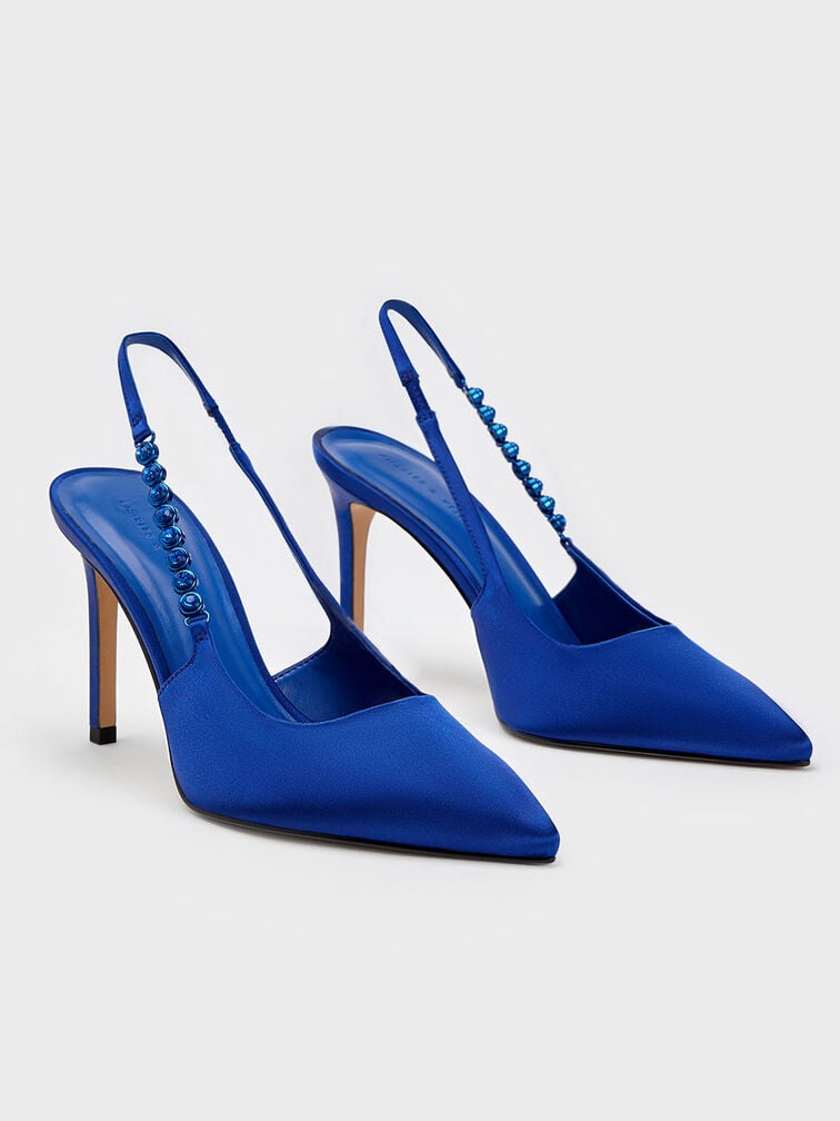 Flores Recycled Polyester Gem-Strap Slingback Pumps, Blue, hi-res