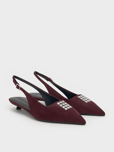 Faux Suede Crystal-Embellished Slingback Pumps, Burgundy, hi-res