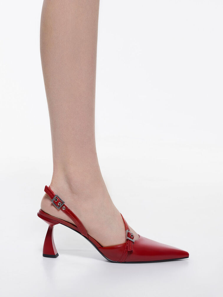 Asymmetric Curved Heel Slingback Pumps, Red, hi-res