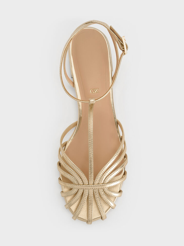 Jaylene Metallic Leather Caged Sandals, Gold, hi-res