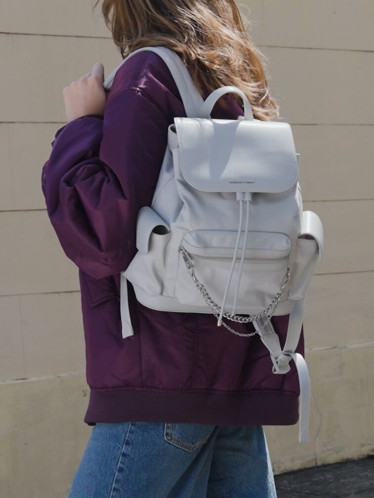 Nylon Puffy Chain-Link Backpack, Light Grey, hi-res