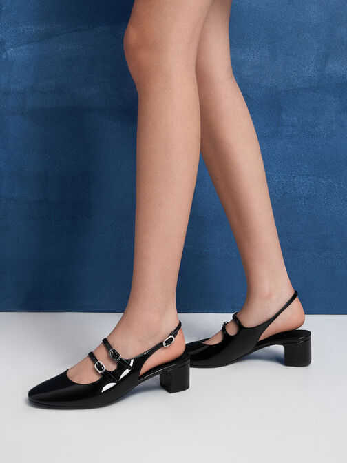 حذاء كليمنتاين بكعب وتصميم ماري جين مفتوح الظهر بمقدمة مغلقة وحزامين أماميين, صندوق أسود, hi-res