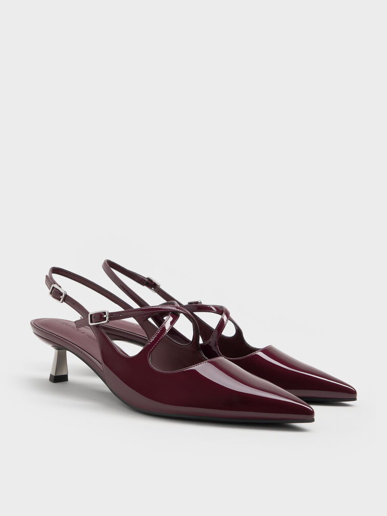 Pauline Patent Crossover Slingback Kitten Heels, Maroon, hi-res