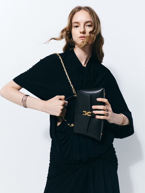 Adalyn Metallic-Buckle Chain-Strap Top Handle Bag, Black, hi-res