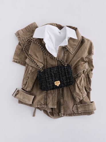 حقيبة كتف مبطنة بحمالة يد, أسود بنقشة تويد, hi-res