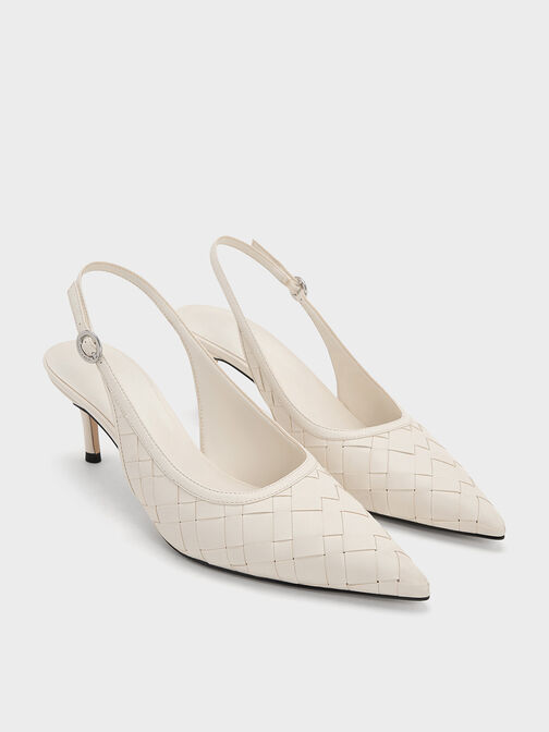 حذاء كعب منسوج بحزام خلفي ومقدمة مدببة, أبيض طباشيري, hi-res