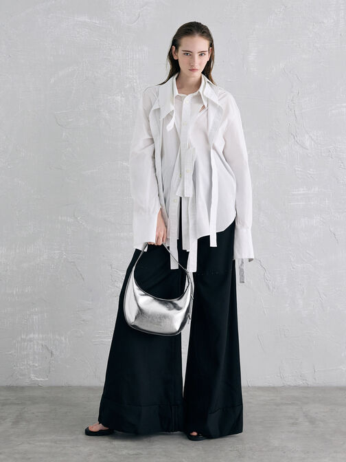 Bryna Metallic Curved Hobo Bag, Silver, hi-res