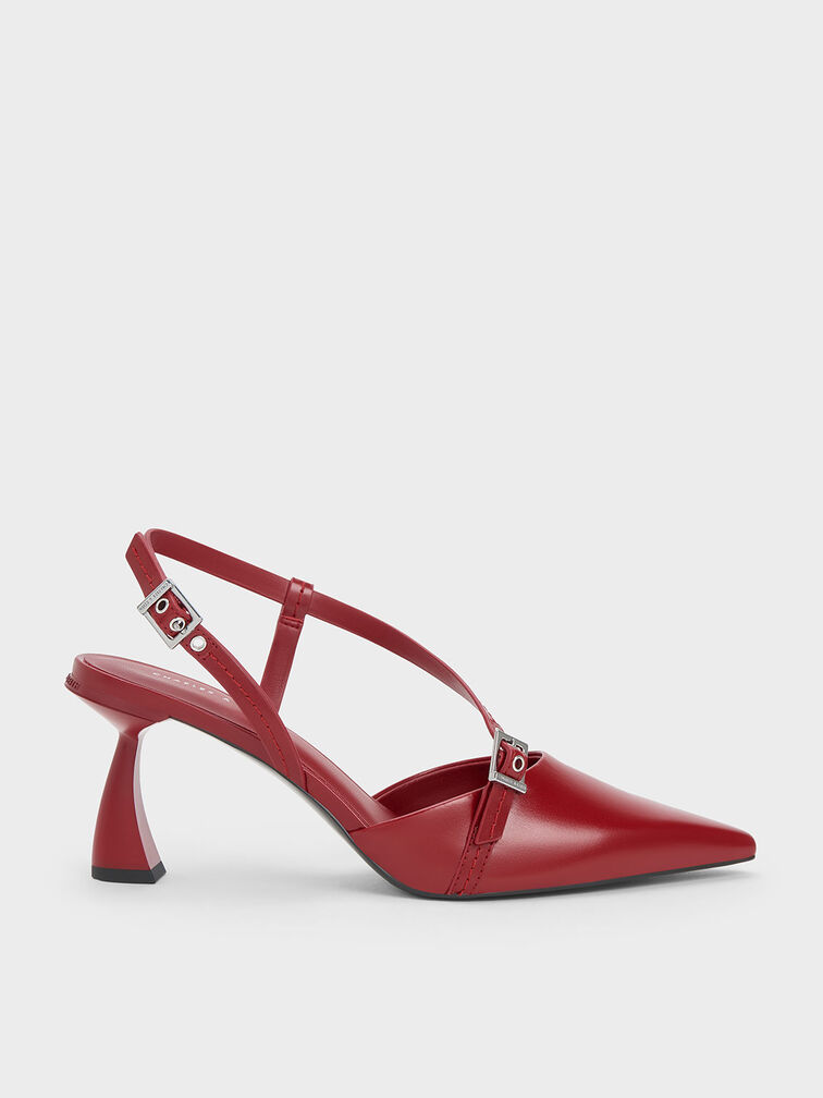 Asymmetric Curved Heel Slingback Pumps, Red, hi-res