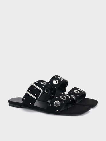 Faux Suede Grommet Buckled Slides, Black Textured, hi-res