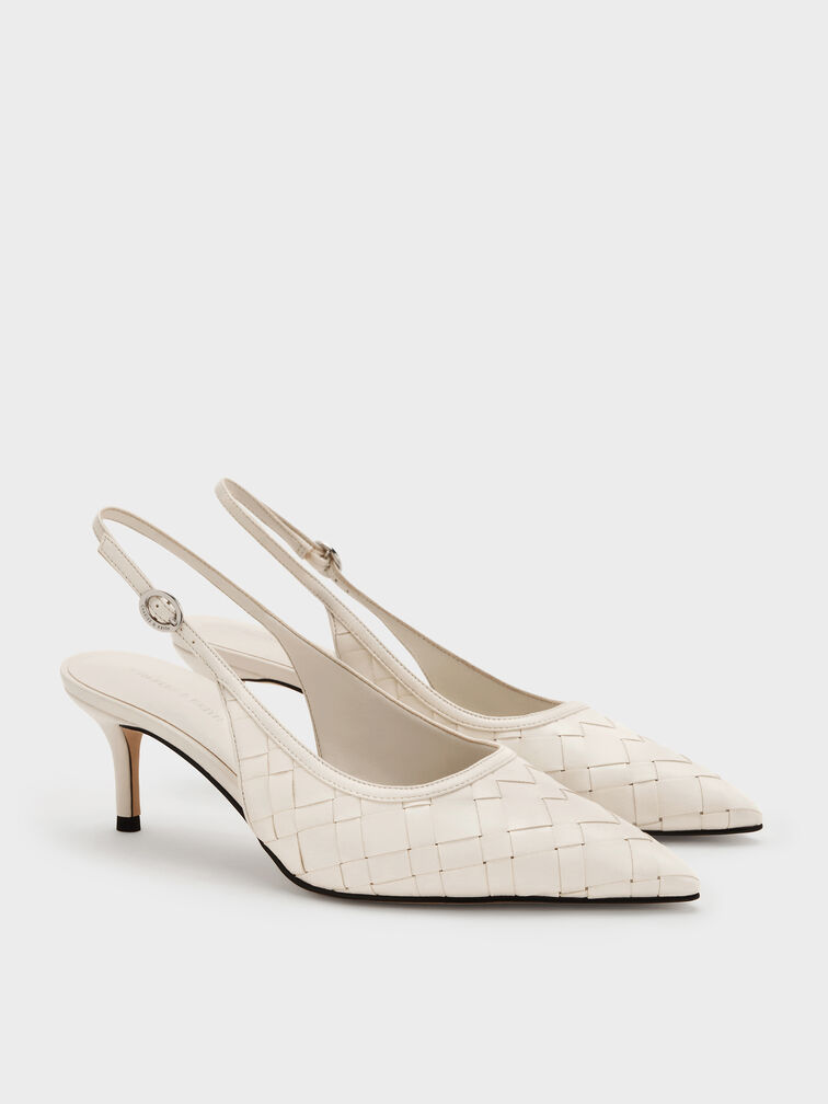 Ivette Woven Pointed-Toe Slingback Pumps, Chalk, hi-res