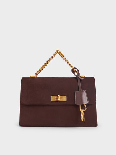 شنطة كروس كيري من جلد شامواه معاد تدويره بحمالة سلسلة, بني غني كالإسبريسو, hi-res