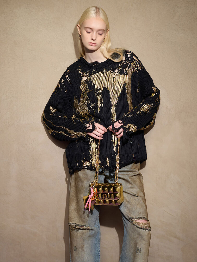 Metallic Square-Quilted Chain-Handle Bag, Gold, hi-res