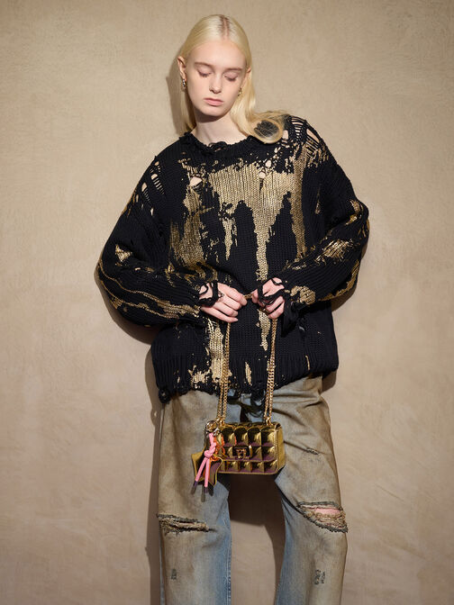 Metallic Square-Quilted Chain-Handle Bag, Gold, hi-res