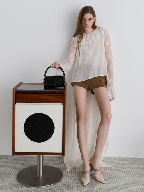 حقيبة كايلا بمقبض علوي وغطاء أمامي أنيق بتصميم على شكل جلد التمساح, أسود كروكو, hi-res