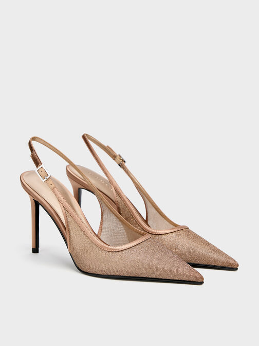 Glittered Mesh Pointed Slingback Pumps, Brown, hi-res