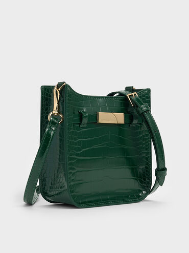 حقيبة كروس بودي أوريليا مزينة بحلية معدنية ونقشة جلد التمساح, أخضر داكن, hi-res