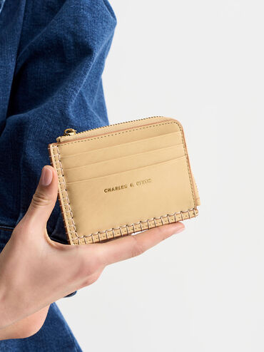 Circe Stitch-Trim Zip Around Card Holder, Beige, hi-res