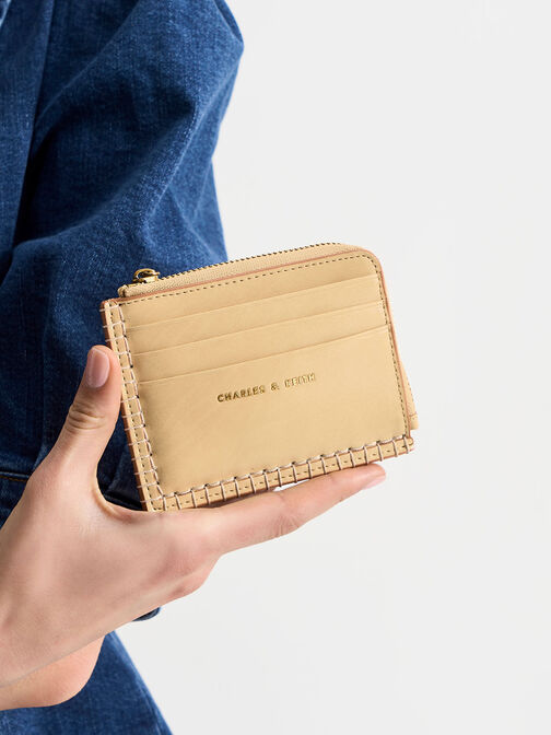 Circe Stitch-Trim Zip Around Card Holder, Beige, hi-res